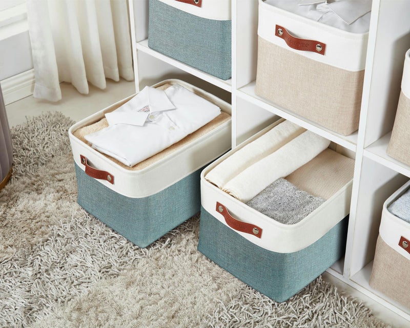 DECOMOMO Storage Baskets for Shelves - Fabric Storage Bins, Linen Closet Organizers and Storage (Green & White, XL - 3 Pack) - Image 3